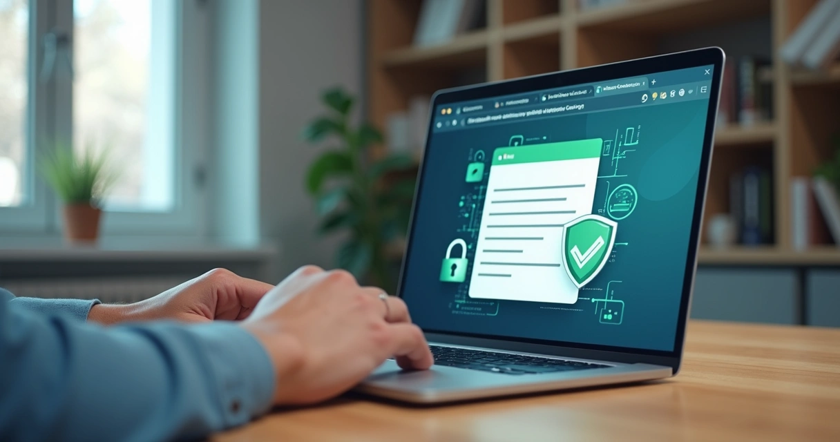 Profissional acessando certificado digital em notebook com layout de segurança virtual