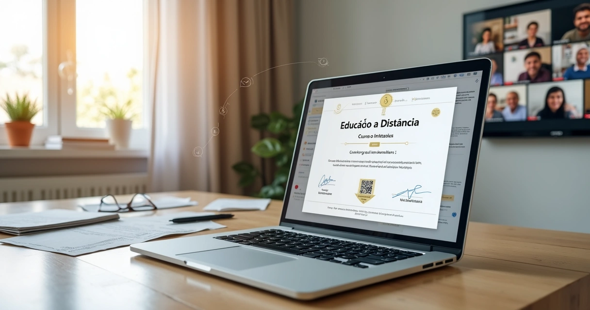 Estudantes em videoconferência analisando certificado digital na tela do notebook