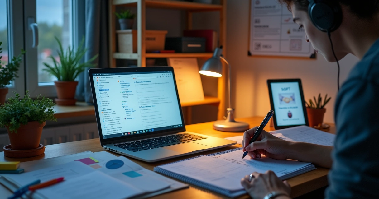 Estudante organizando material didático digital em computador e materiais impressos sobre a mesa