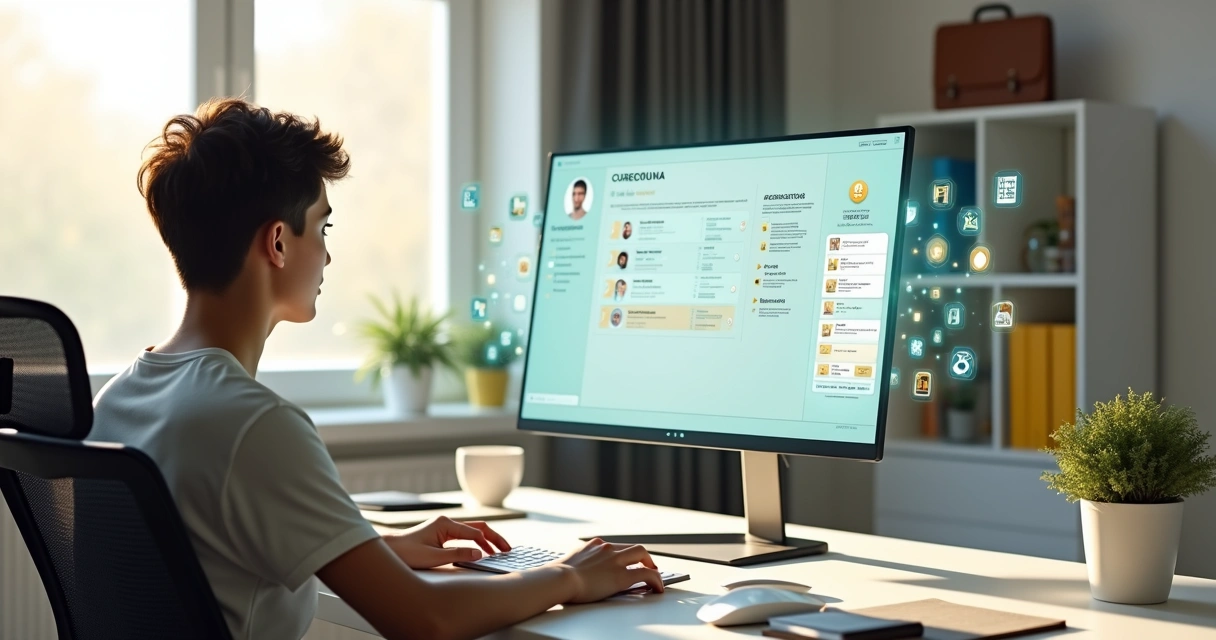 Jovem adulto analisando currículo online em tela grande com ícones de cursos e certificado
