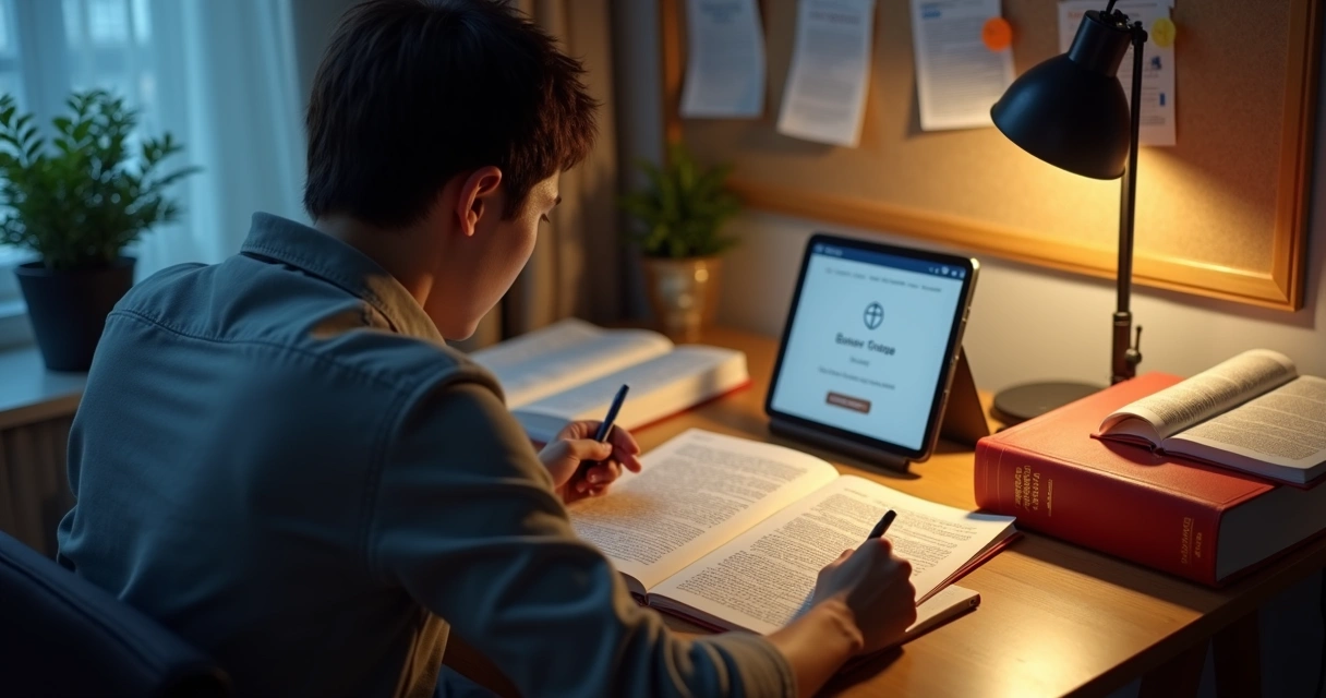 Estudante de direito estudando em casa com livros e tablet aberto em curso online