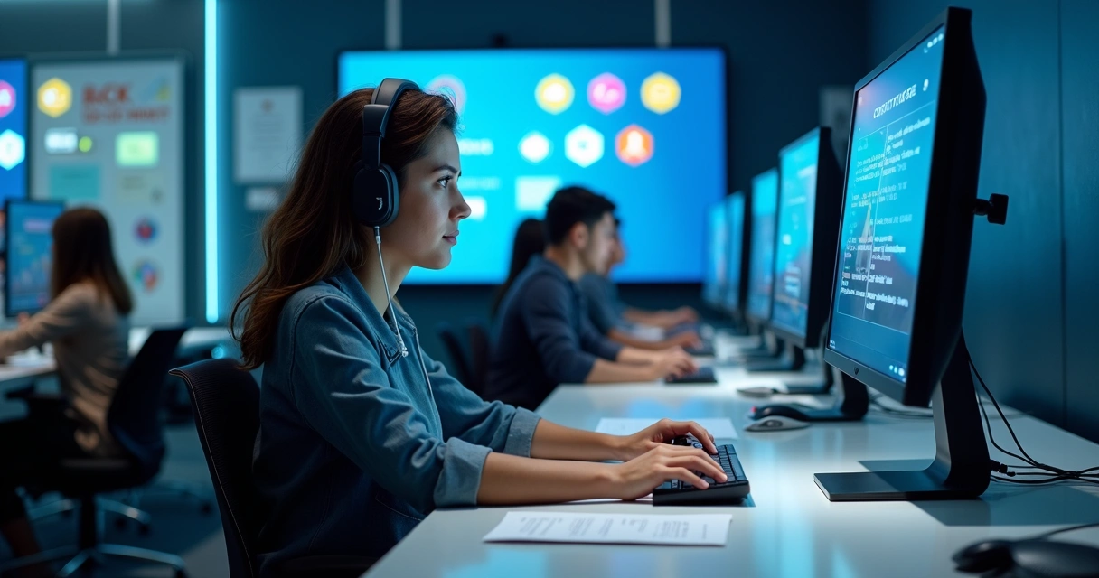 Adultos em laboratório de informática moderna estudando em computadores de mesa