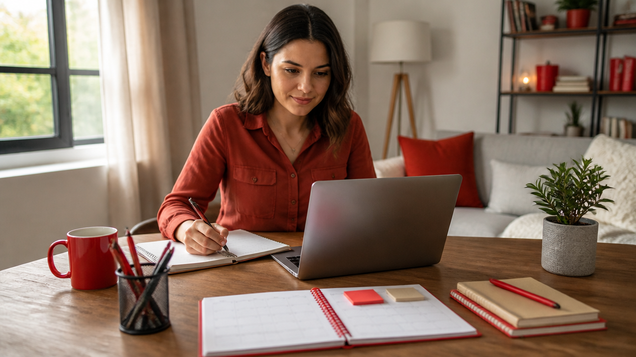 Pessoa estudando em casa com notebook e cronograma semanal sobre a mesa
