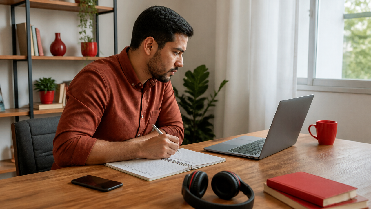 Pessoa estudando online em ambiente organizado, com notebook, caderno e celular virado para baixo para manter o foco