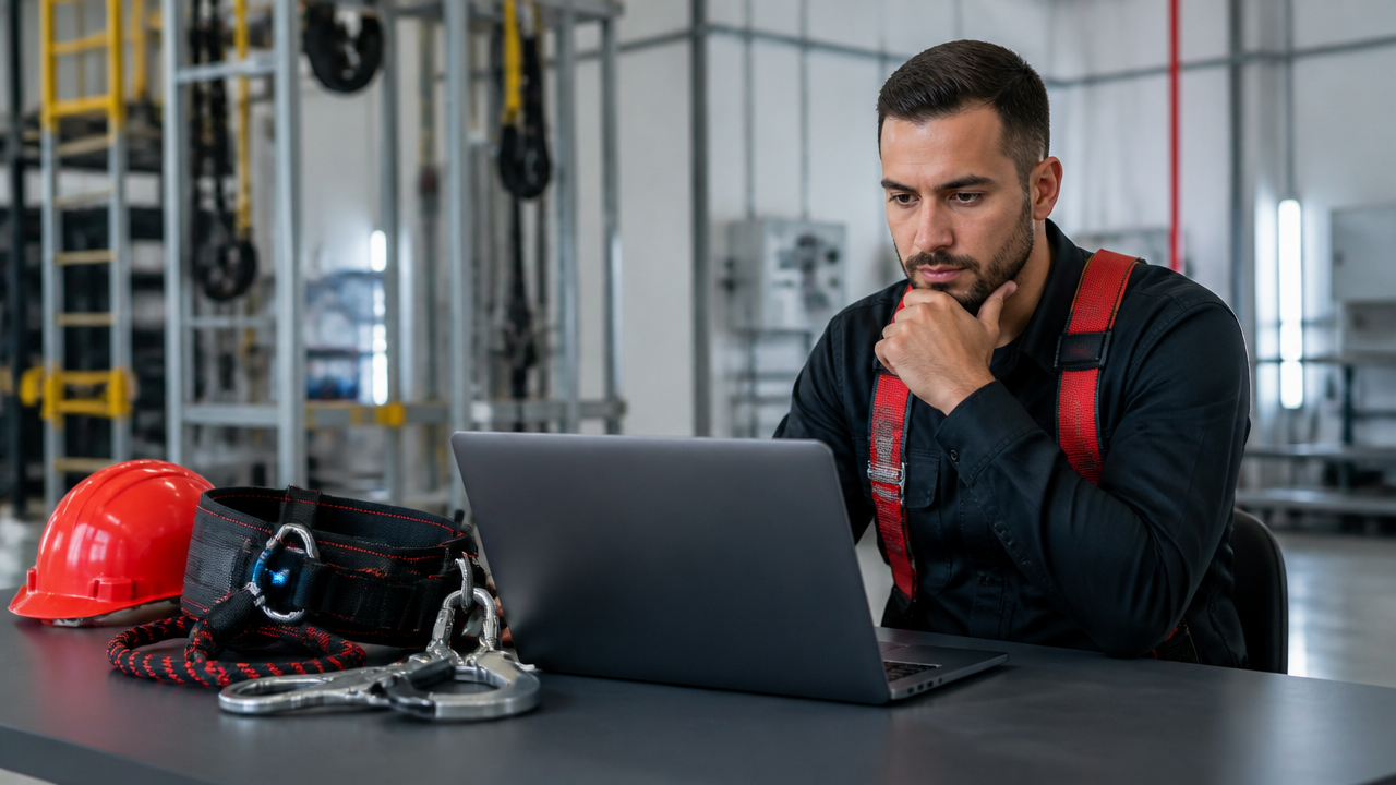 Profissional com equipamentos de segurança estudando curso online de NR 35 em notebook.