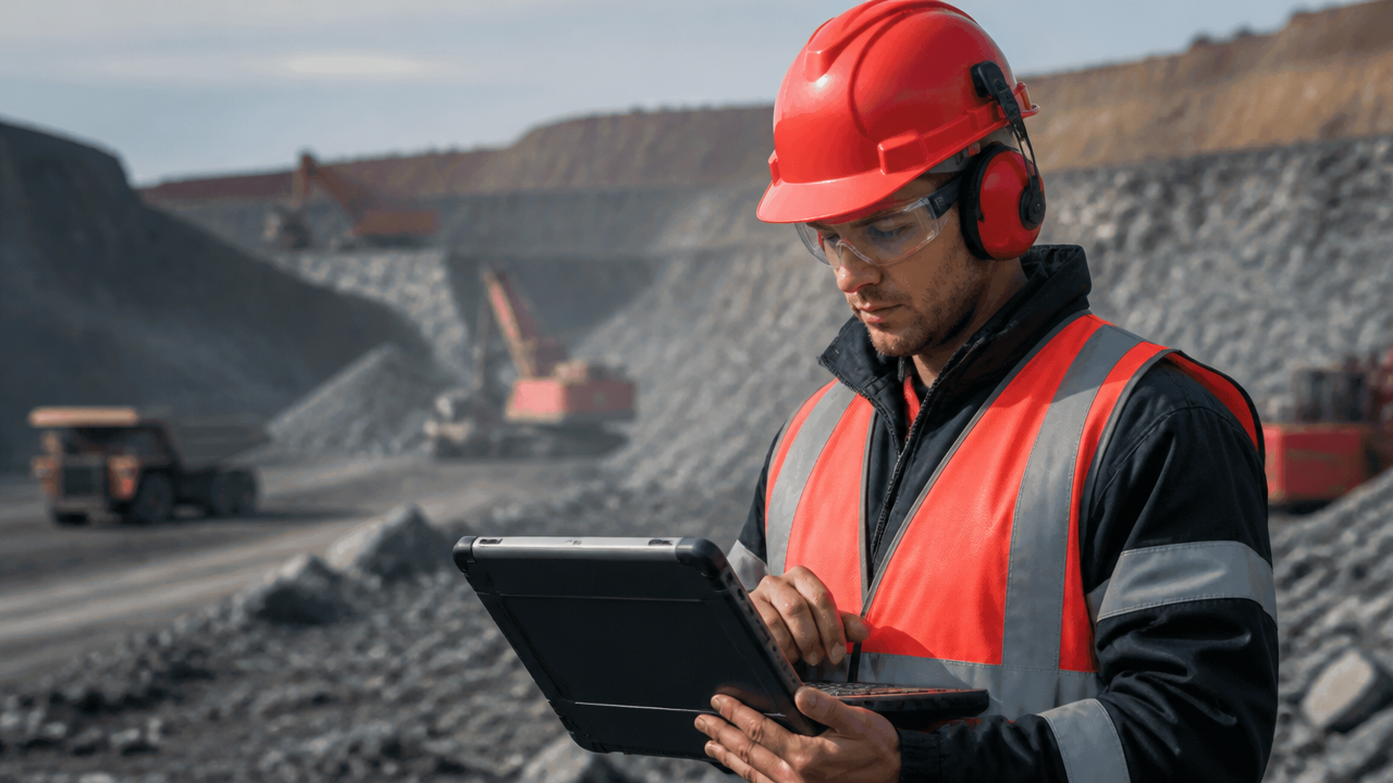 Profissional da mineração estudando normas de segurança em notebook com equipamentos de proteção