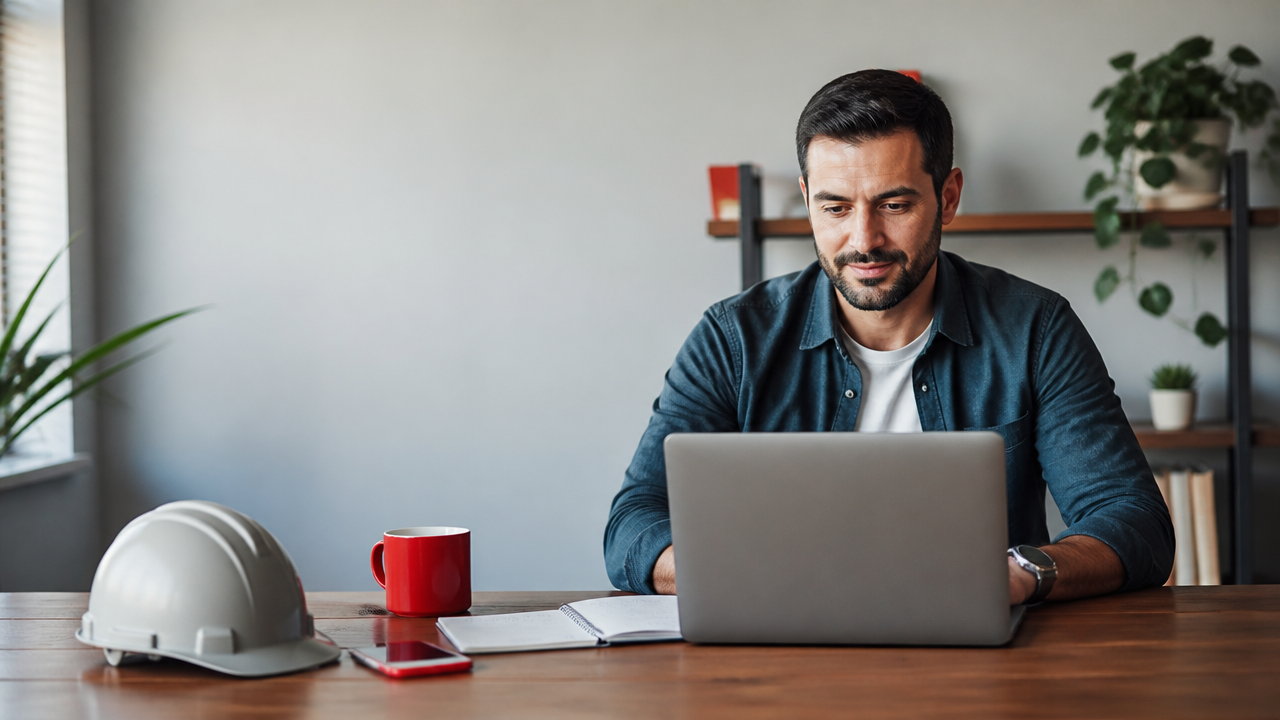 Profissional estudando NR 37 em notebook com materiais de segurança do trabalho em casa