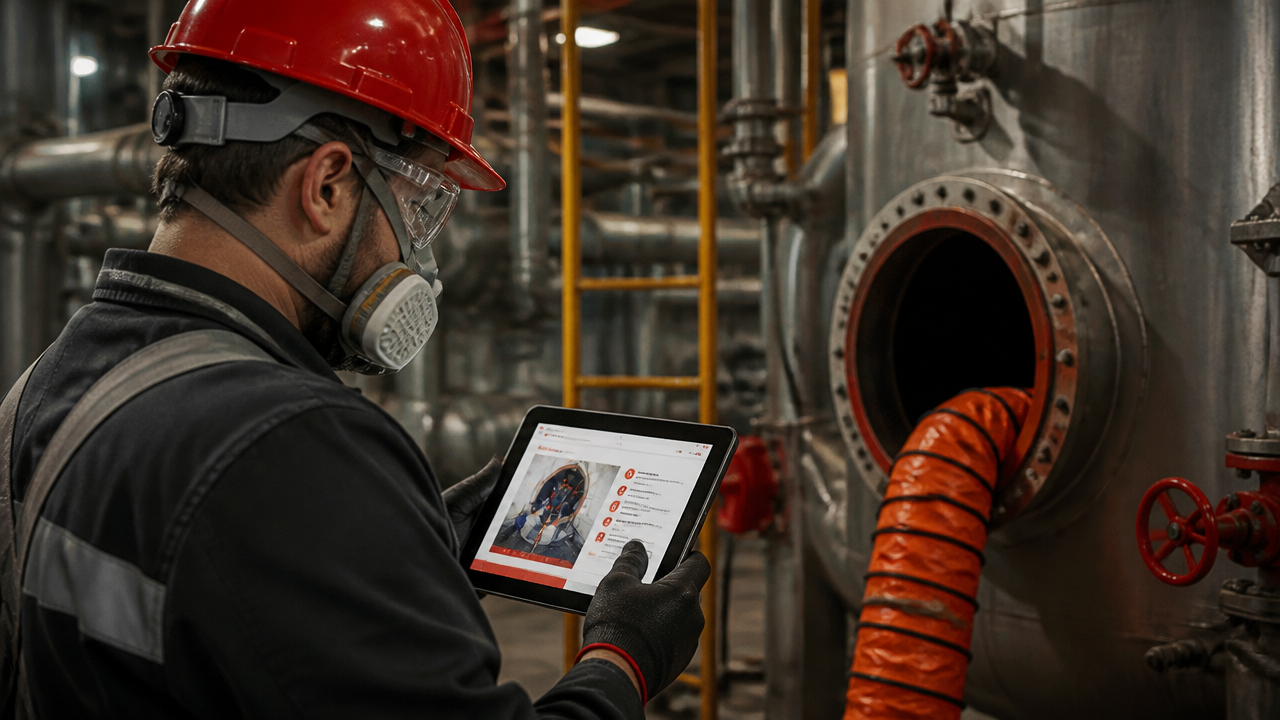 Trabalhador com equipamentos de segurança acessando treinamento online de NR 33 em ambiente industrial.