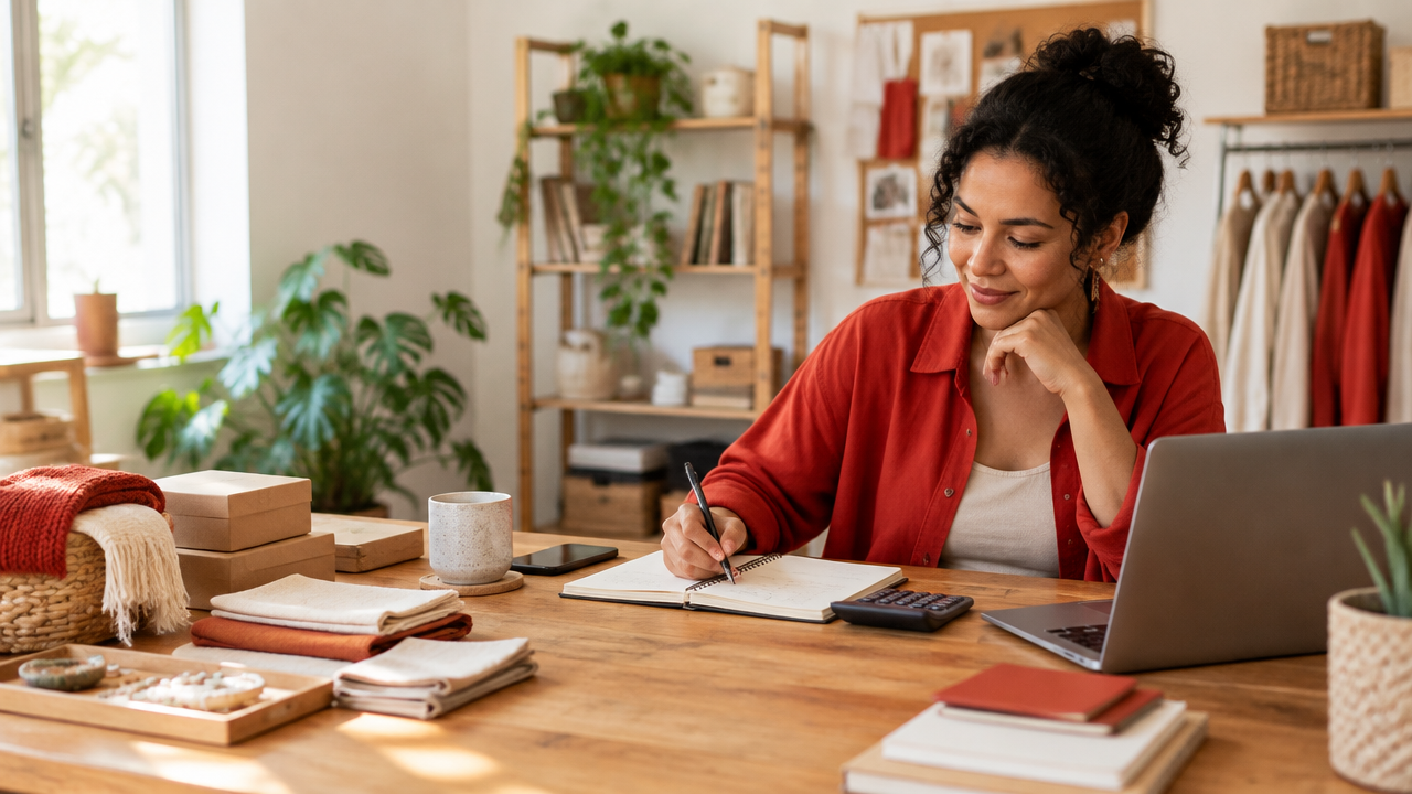 Empreendedora planeja o início de um pequeno negócio em uma mesa de trabalho com caderno, calculadora e laptop.