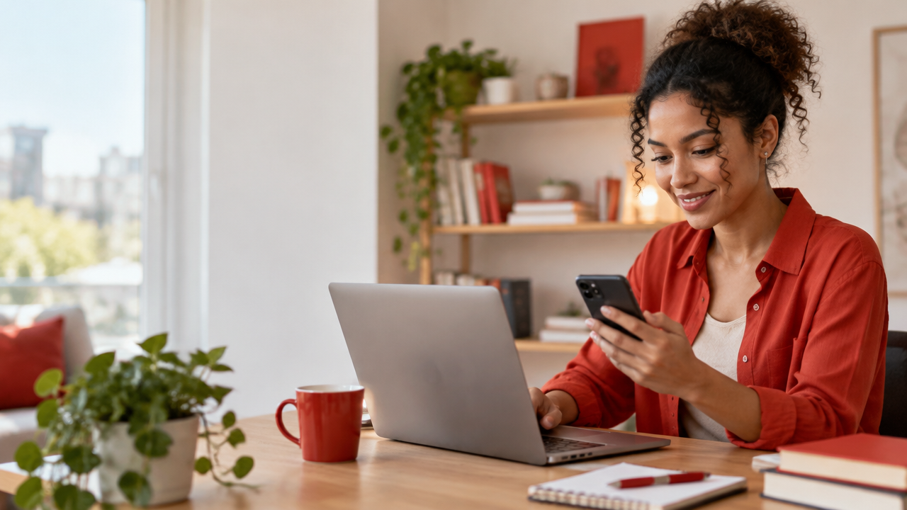 Empreendedora planejando ações de marketing digital em notebook e celular
