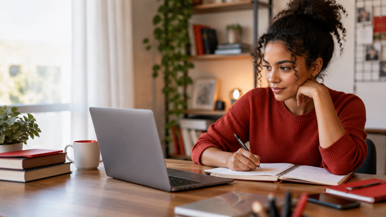 Estudante adulta comparando opções de cursos profissionalizantes em uma mesa de estudos