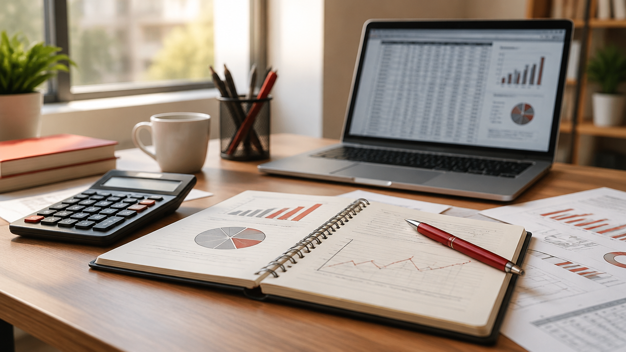 Mesa de trabalho com caderno, calculadora e planilha para representar os conceitos básicos de contabilidade