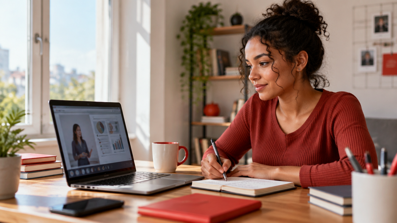 Pessoa estudando administração online em um laptop, com caderno e materiais sobre a mesa.