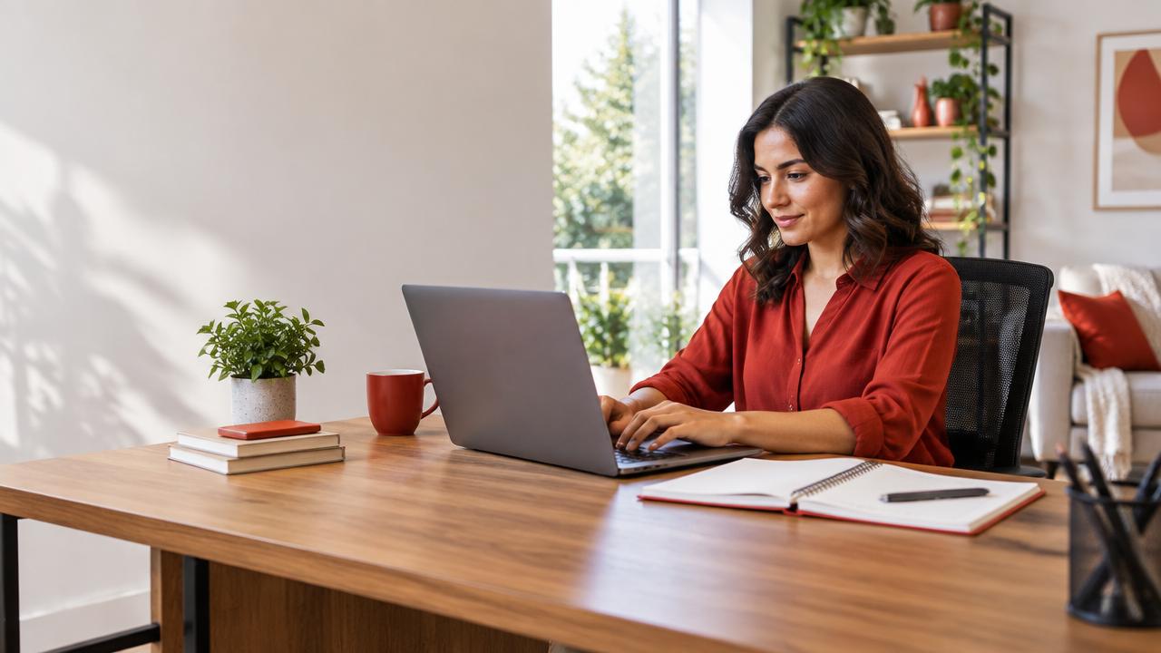 Pessoa estudando ergonomia online em uma estação de trabalho organizada e confortável