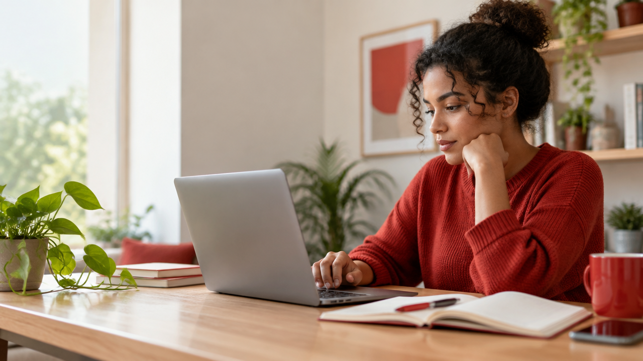 Pessoa estudando um curso online em notebook, com caderno aberto sobre a mesa