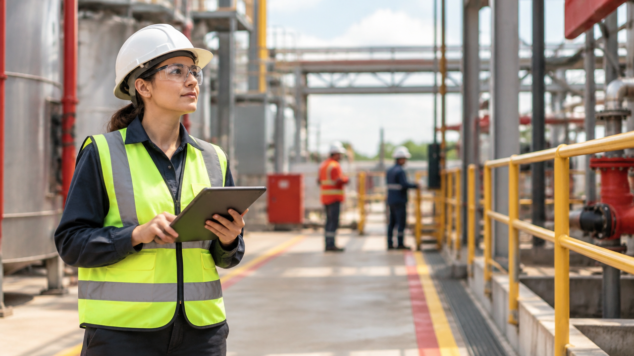 Profissional de segurança do trabalho inspeciona uma área industrial com equipamentos de proteção e barreiras coletivas