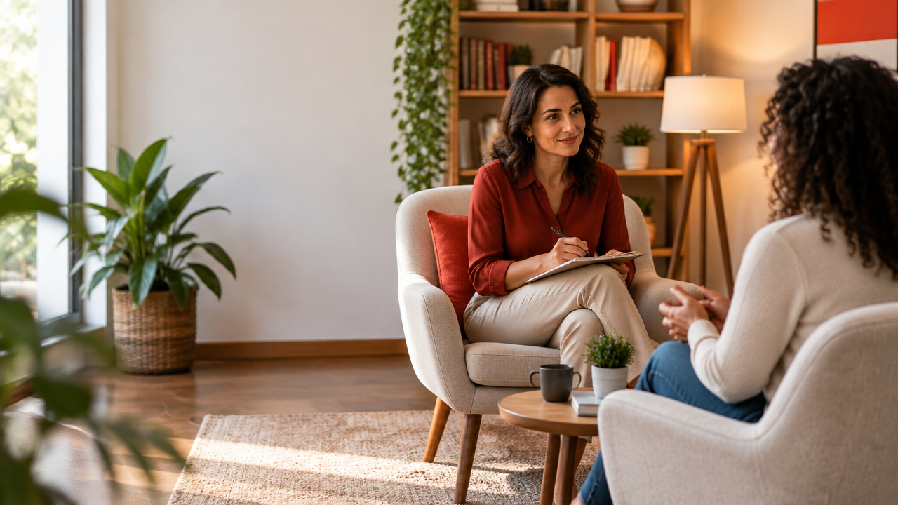 Psicóloga conversa com uma pessoa em um consultório acolhedor, representando o cuidado e as diferentes áreas da Psicologia.
